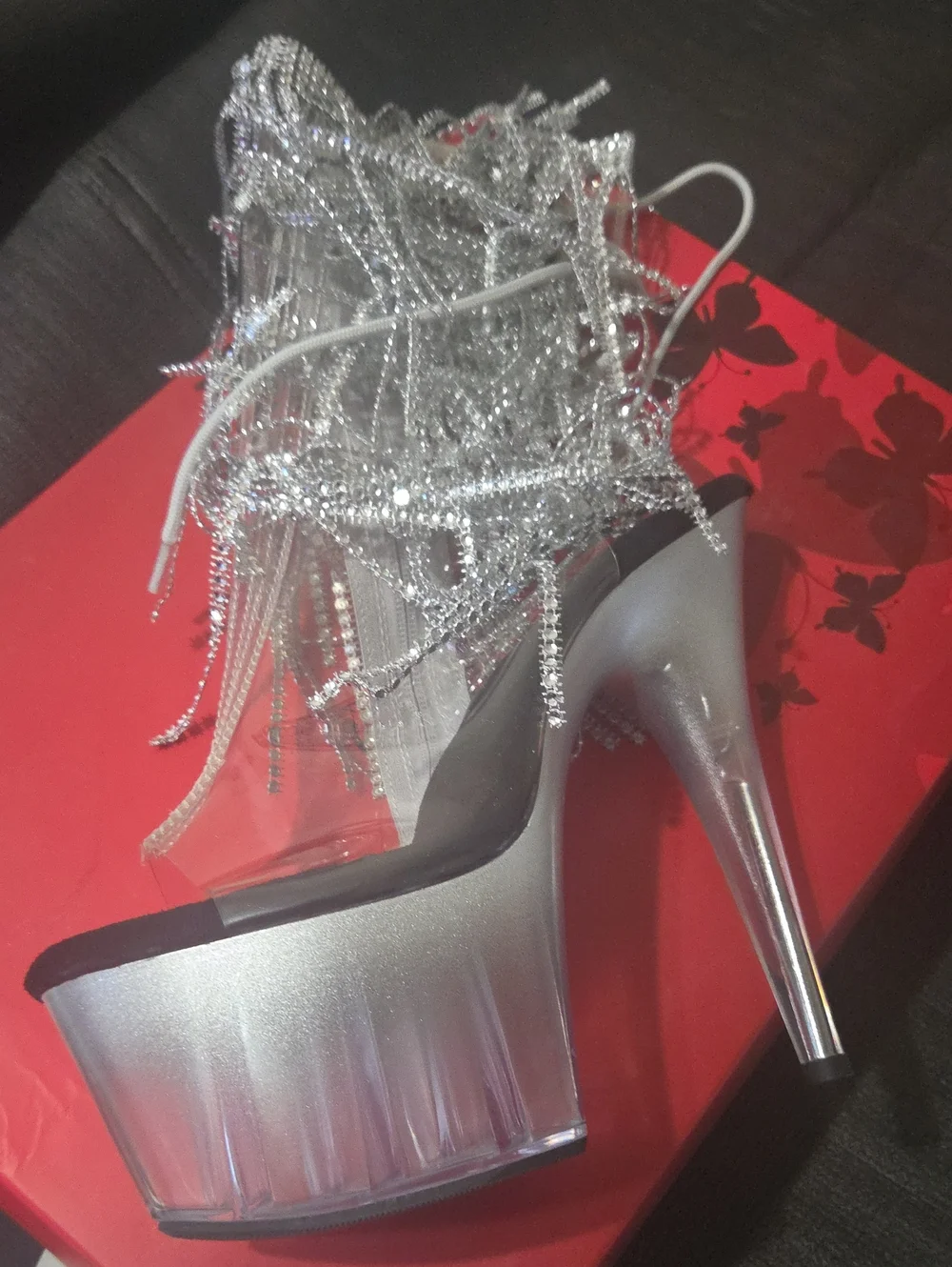 Pleaser Silver Beaded Fringe Clear Platform Stiletto Booties